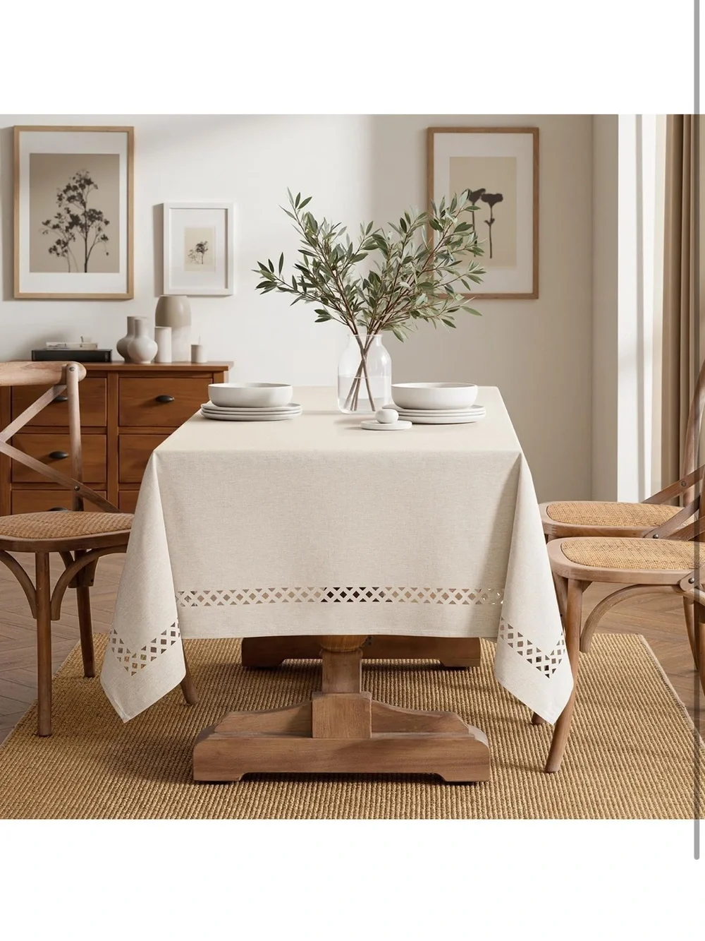 Beige Rectangle Linen Polyester Tablecloth With Decorative Cutouts 1494/bb8-1